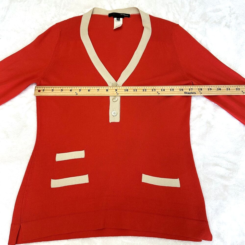 Les Copains Women's Scarlet Cream Trim V-Neck Cuffs 3/4 Sleeve Knit Sweater Sz 6 - Picture 8 of 13